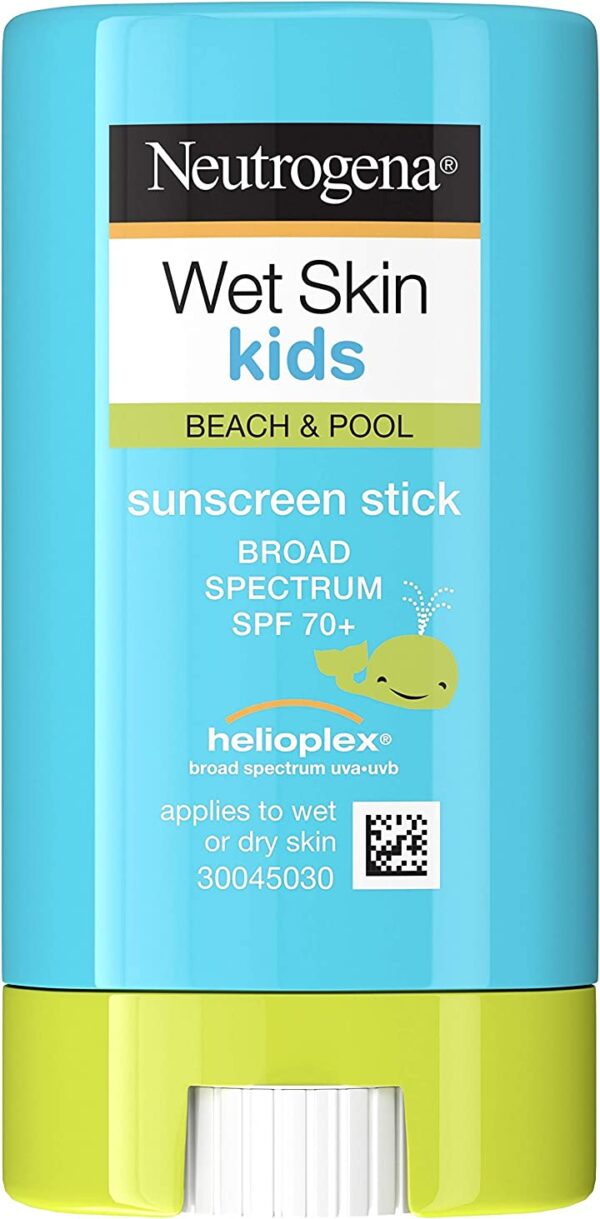 Neutrogena، Wet Skin Kids ، Beach & Pool ، واقي الشمس ، SPF 70+ ، 0.47 أونصة (13 جم) واقي شمسي للأطفال من نيوتروجينا، يستخدم على البشرة الرطبة، مثالي للشاطئ وحمامات السباحة، حماية عالية SPF 70+، حجم صغير 0.47 أونصة (13 جم).